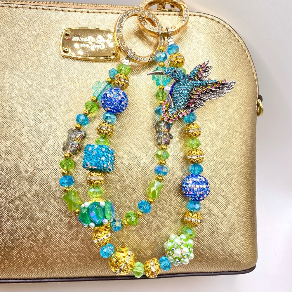 🪺Luxury Bag Charm Chain / Phone Chain /Keychain HUMMINGBIRD Bling Crystal Beads